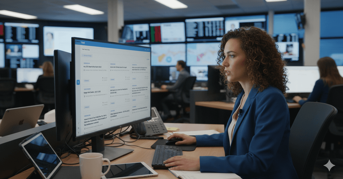 Professional journalist working with BeatNews dashboard in modern newsroom